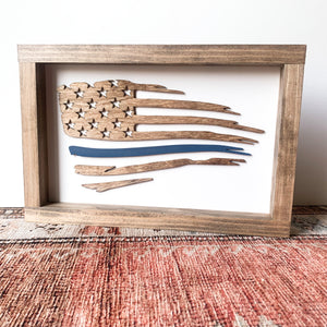 Blue Line & Stained American Flag | Wood Sign | Boho Home Decor